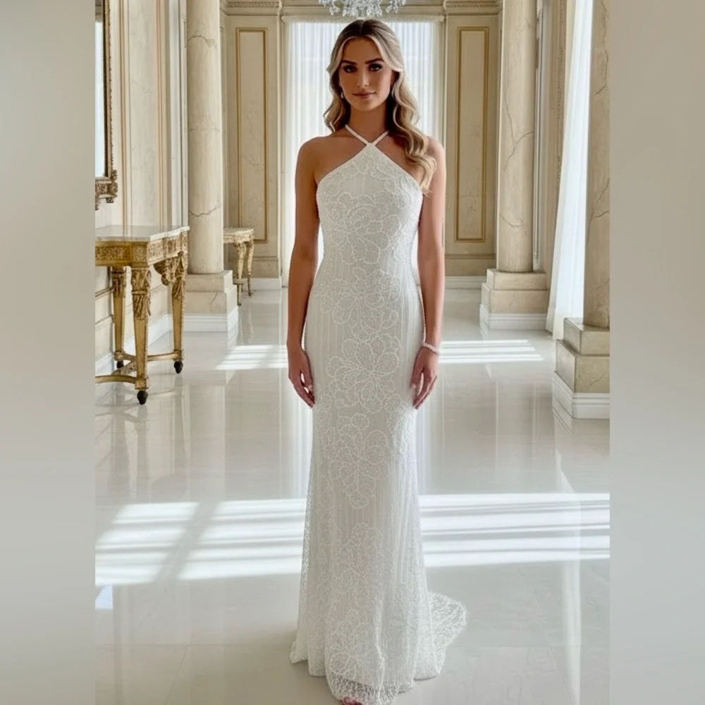 Elegant hand beaded intricate White Halter Dress - Picture 5 of 11